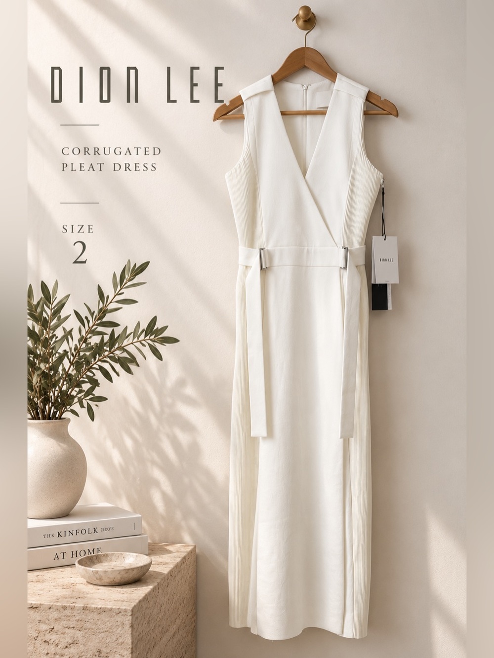Dion Lee Corrugated Pleat Ivory Belted Maxi Dress US 2